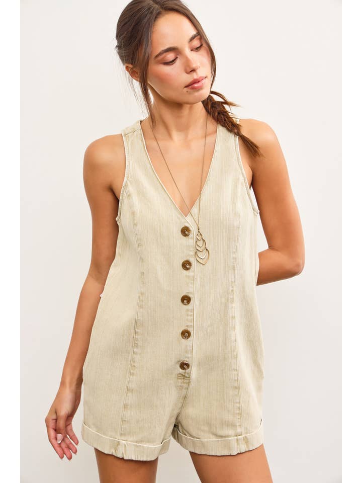 Mustard Seed - Wholesale Romper - Women's - BUTTON CLOSURE V NECK SLEEVELESS ROMPER