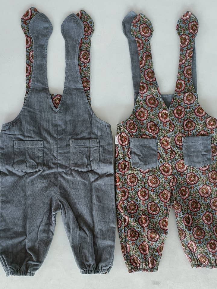 Yo Baby - Vente Barboteuse – bébé - Combinaison réversible en velours côtelé gris uni et imprimé floral gris2