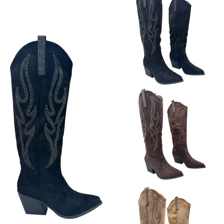 Women’s Western Knee-High Boots with Rhinestone Flame Design for wholesale by Rentoes