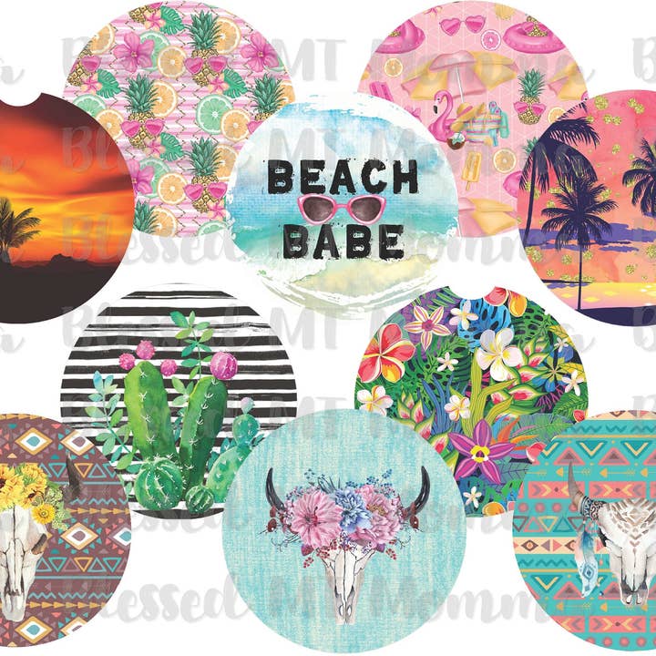 Car Coaster Bundle 10 PAIRS Sublimation Transfers Ready to Press Summer Beach Palm Trees Flowers Cactus Pineapple 20 TOTAL for wholesale by Iron & Silk