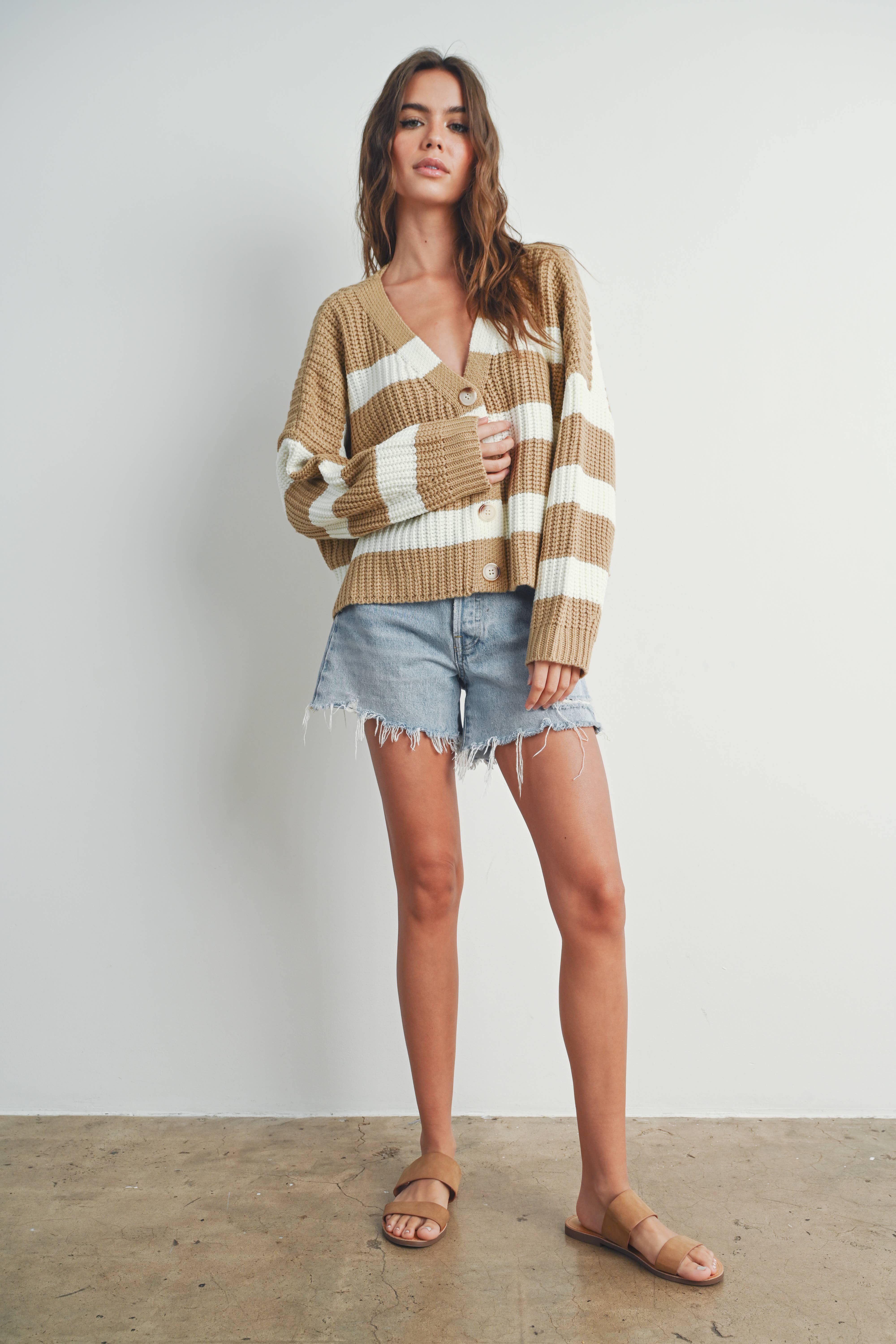 BUTTERMELON – wholesale Cardigan – Women’s – Striped V-Neck Cardigan with Buttons - BMC73319