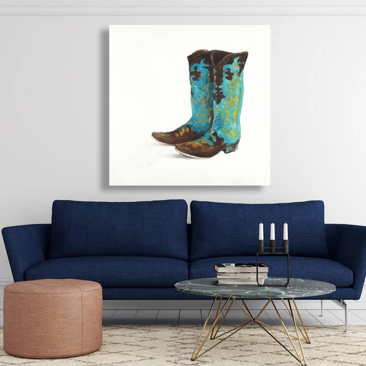 Brun Blå cowboystøvler | kunsttryk på lærred 48 „x 48" for engroshandel på Faire