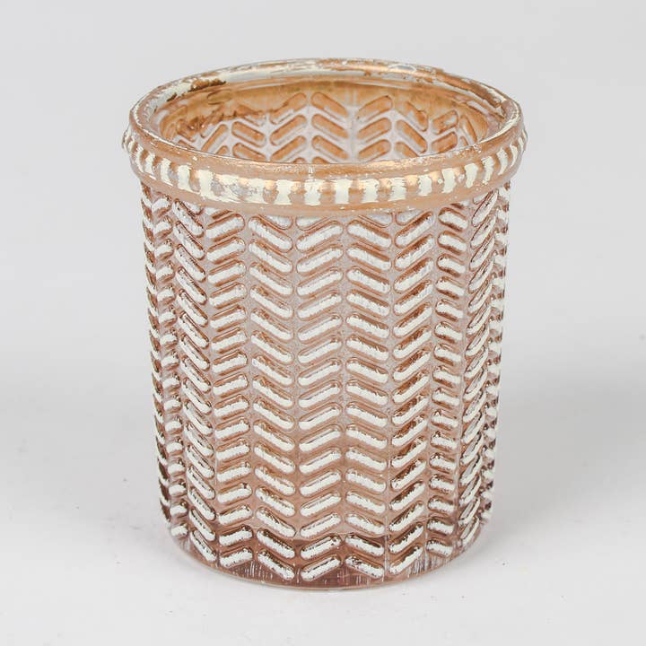 Chevron Cup Glass Tea Light Holder Metal Rim for wholesale by Originals International Ltd