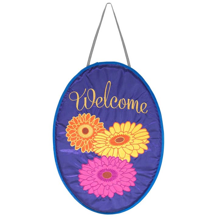 GERBER DAISIES WELCOME DOOR BANNER WITH RIBBON HANGER for wholesale by Cottage Garden