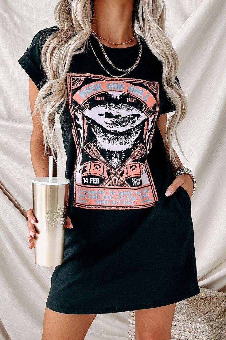 BLACK roll poster graphic t shirt dress print on demand for wholesale on Faire5