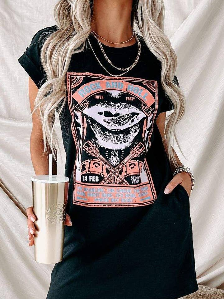 BLACK roll poster graphic t shirt dress print on demand for wholesale on Faire2