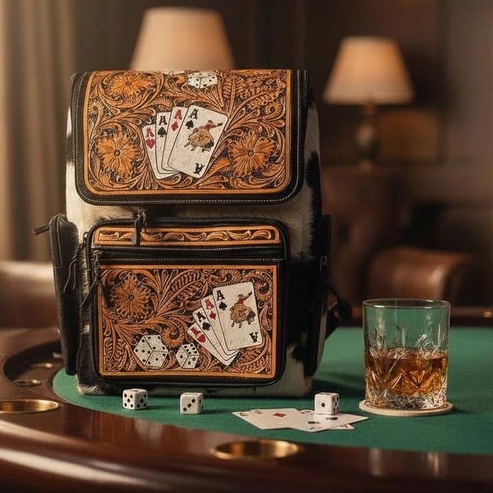 Poker Aces and Dice Western Backpack Genuine Leather and Cowhide Diaper Bag Personal Item carry-on luggage by Double B Wild Rags for wholesale by Double B Wild Rags