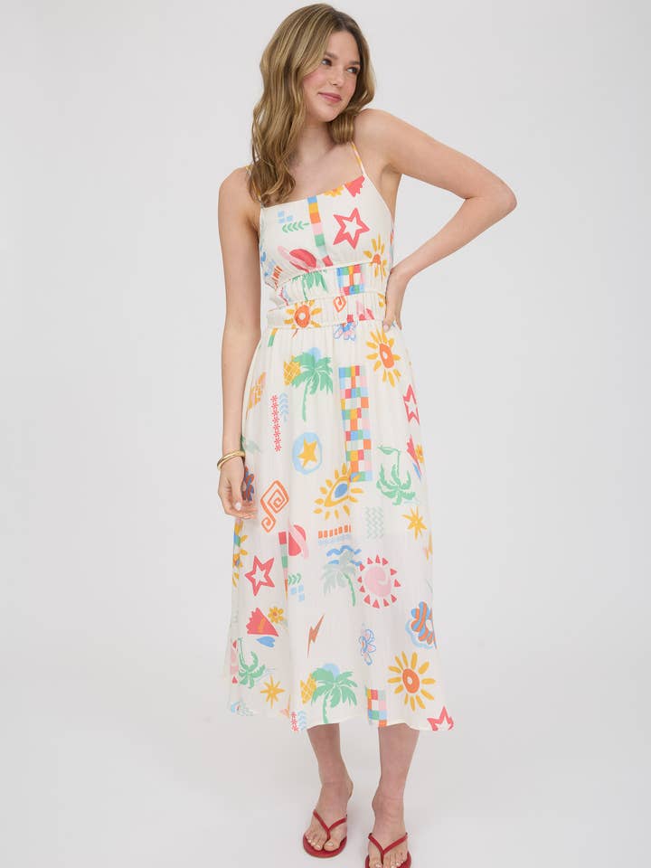 CREAM MULTI SUMMER PRINT SPAGHETTI STRAP MIDI SUNDRESS for wholesale on Faire