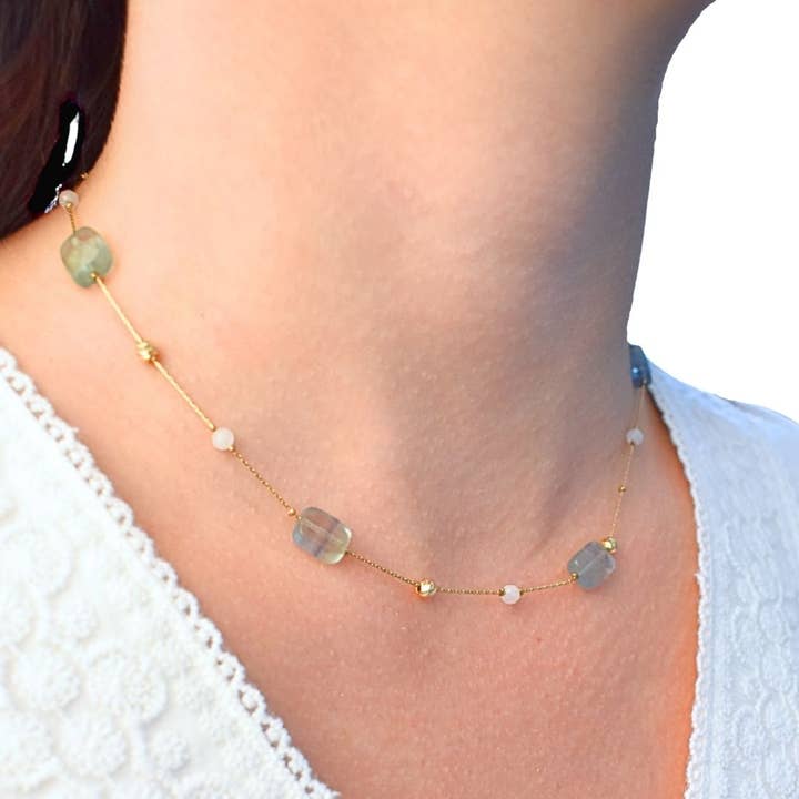 Natural stone necklace Fluorite moonstone - stainless steel for wholesale by Minéralissime