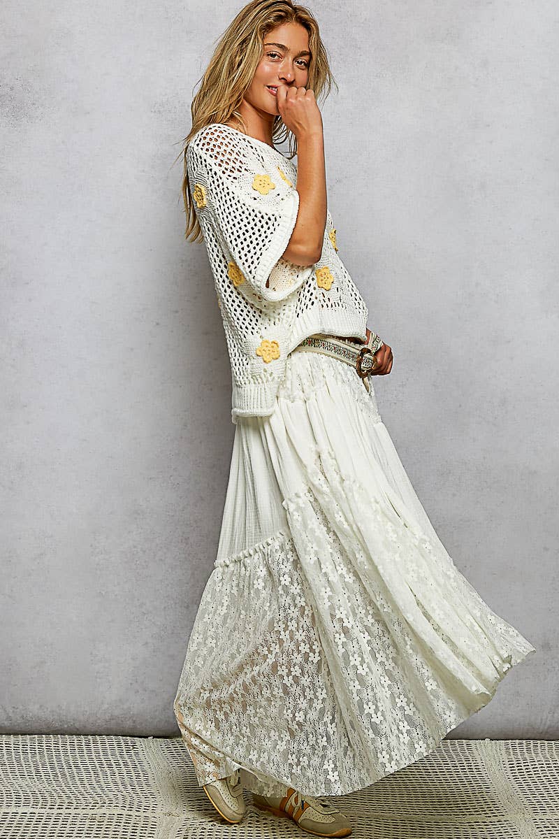 Pol Clothing - Wholesale Skirt - Women's - Double gauze raw edge lace patch solid maxi skirts15