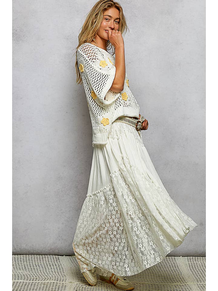 Pol Clothing - Wholesale Skirt - Women's - Double gauze raw edge lace patch solid maxi skirts15