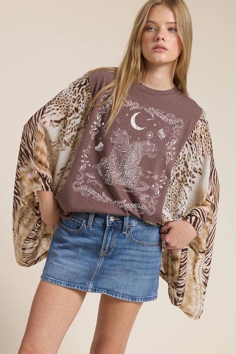 Zutter - Wholesale Screen Printed T-Shirt - Women's - Boho Leopards Vintage Artwork Graphic Kantha Top