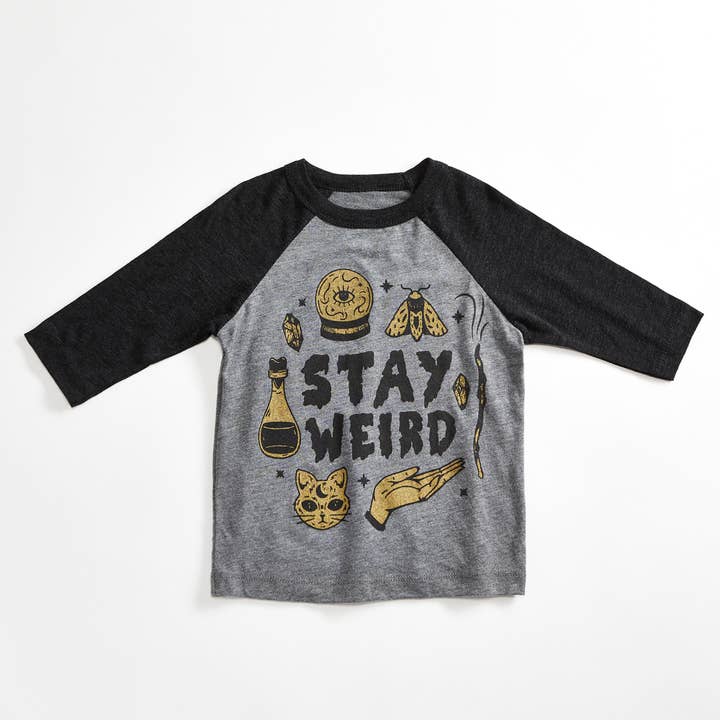 Stay Weird Heather Grey/Black Raglan Kids T-Shirt for wholesale by Orchard Street Apparel