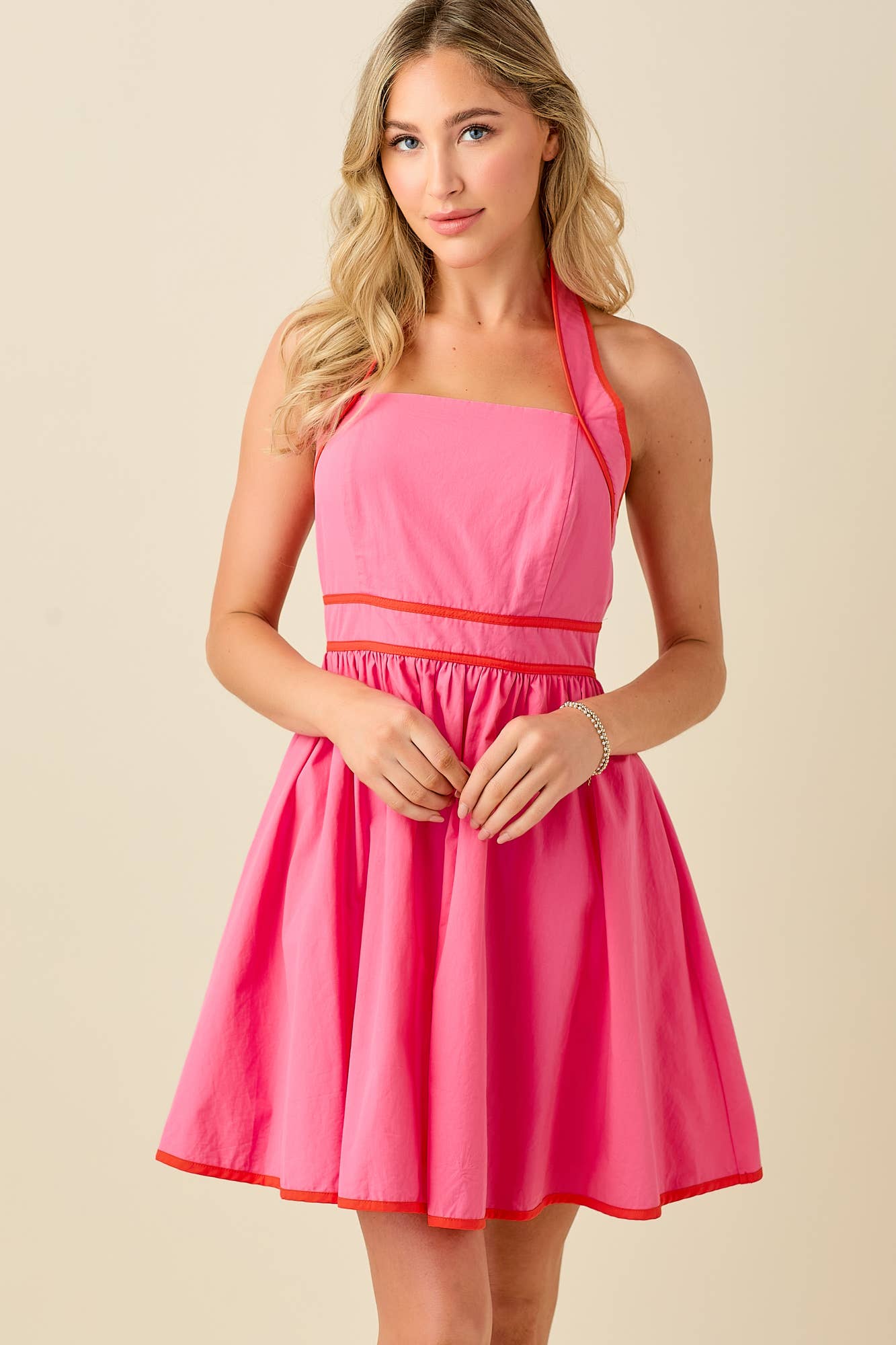BABY PINK – wholesale Dress – Women's – Halter neck backless mini dress with contrast binding30