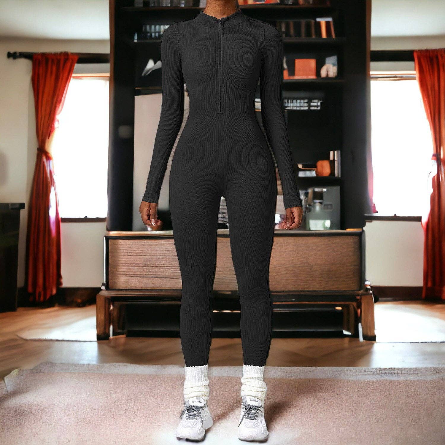 Active by Anna-Kaci – wholesale Unitard – Women′s – Zip-Up Ribbed Knit Unitard Jumpsuit20