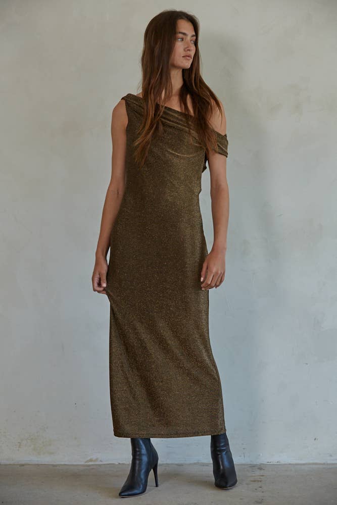 L7602 | Knit Metallic Gold Lurex Off Shoulder Bodycon Midi  for wholesale on Faire1