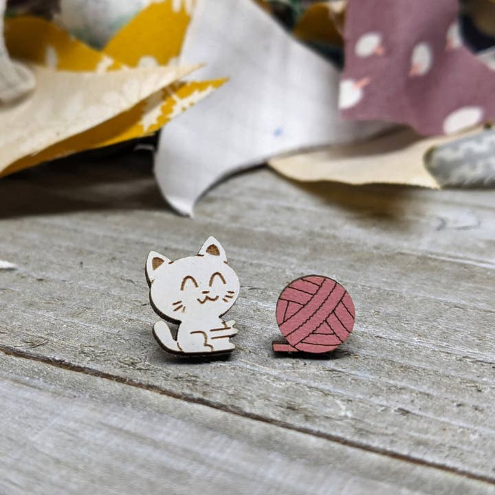 Cat and Yarn Stud Earring for wholesale by Unpossible Cuts