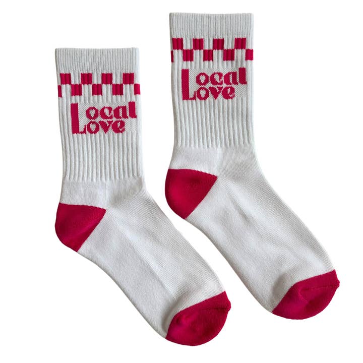 White Local Love Crew Socks for wholesale on Faire