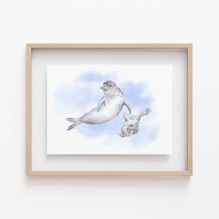 Mom and Baby Watercolor Seal Print for wholesale by Carrie And The Brush