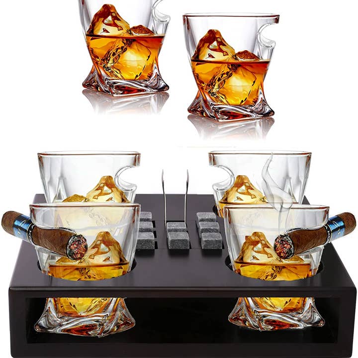 4 Whiskey Glasses w/ Chilling Stones Set on Wood Tray for wholesale by Bezrat