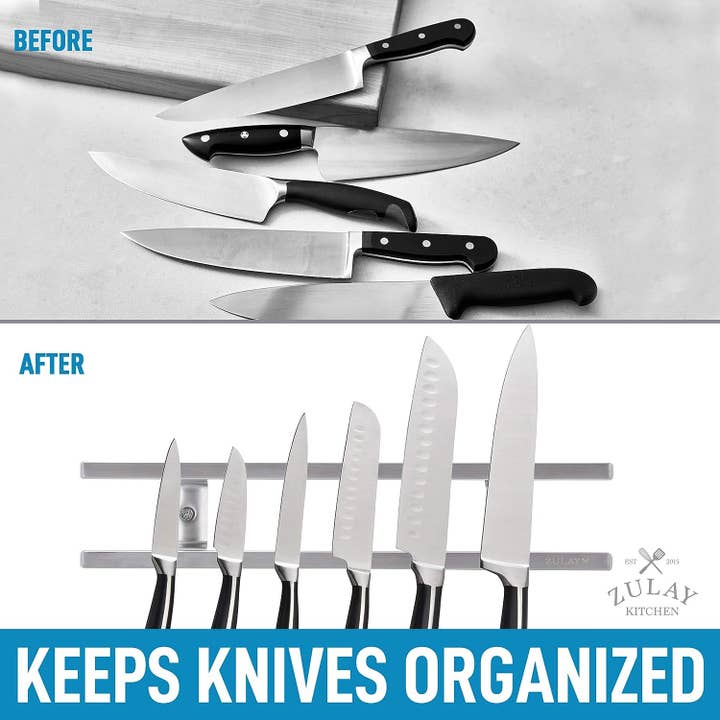 Zulay Kitchen – wholesale Knife storage – Stainless Steel Knife Magnetic Strip With Hanging Hooks13