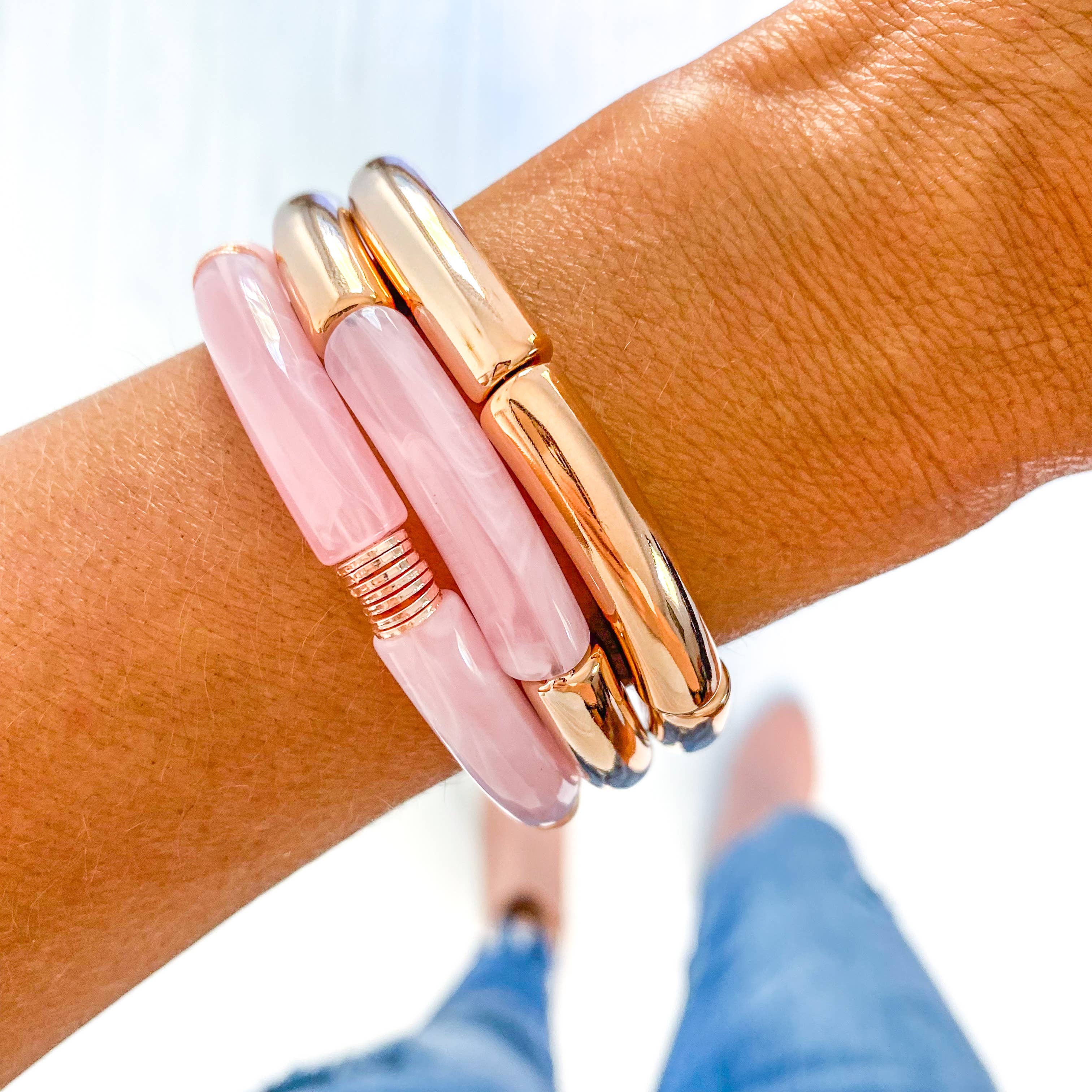 Savvy Bling - Wholesale Bangle Bracelet - Light Pink Marble & Rose Gold Acrylic Tube Bamboo Bracelet3