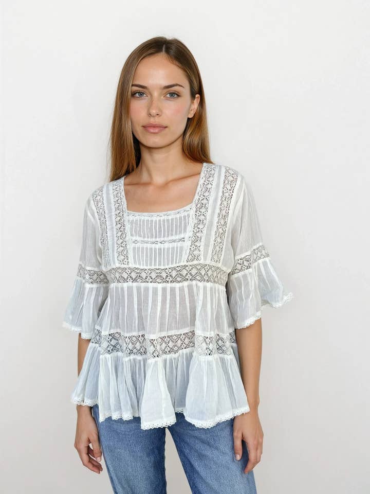 Louise Short Sleeves Blouse With Lace and Tassels Natural for wholesale by Blue Boheme