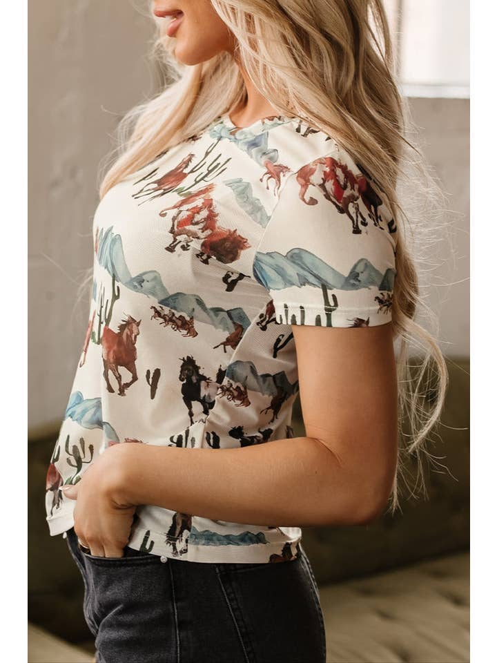 Beige Western Mesh Short Sleeve T-Shirt for wholesale on Faire