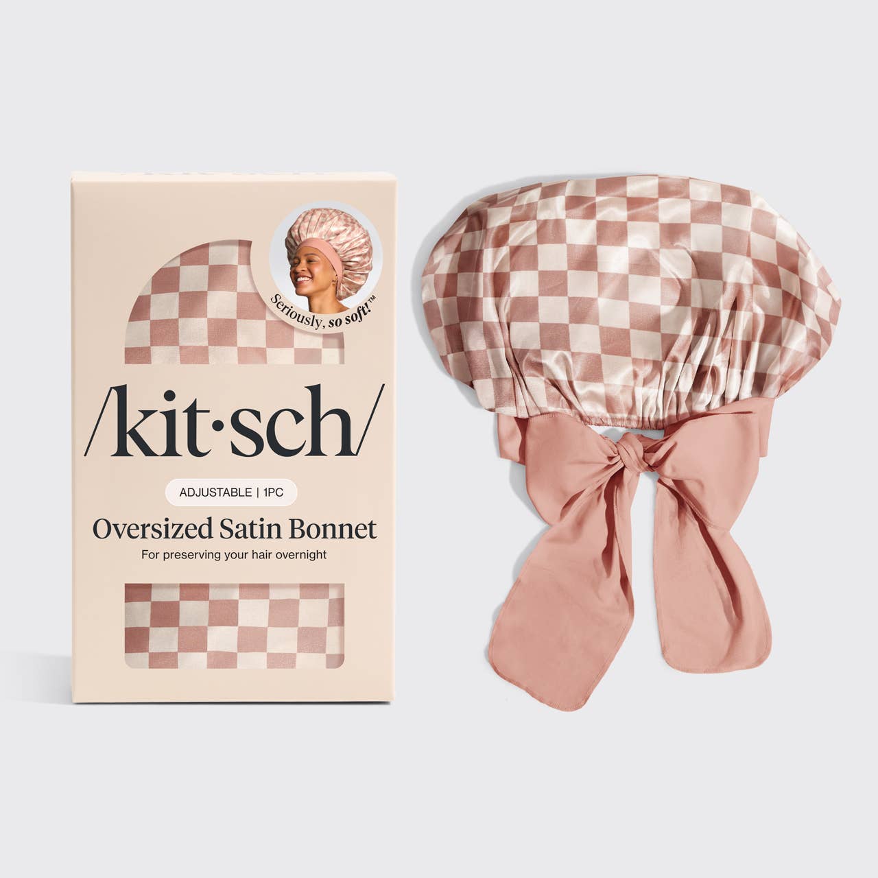 KITSCH - Wholesale Makeup/Cosmetic Bag - Oversized Satin Bonnet - Terracotta Checker0