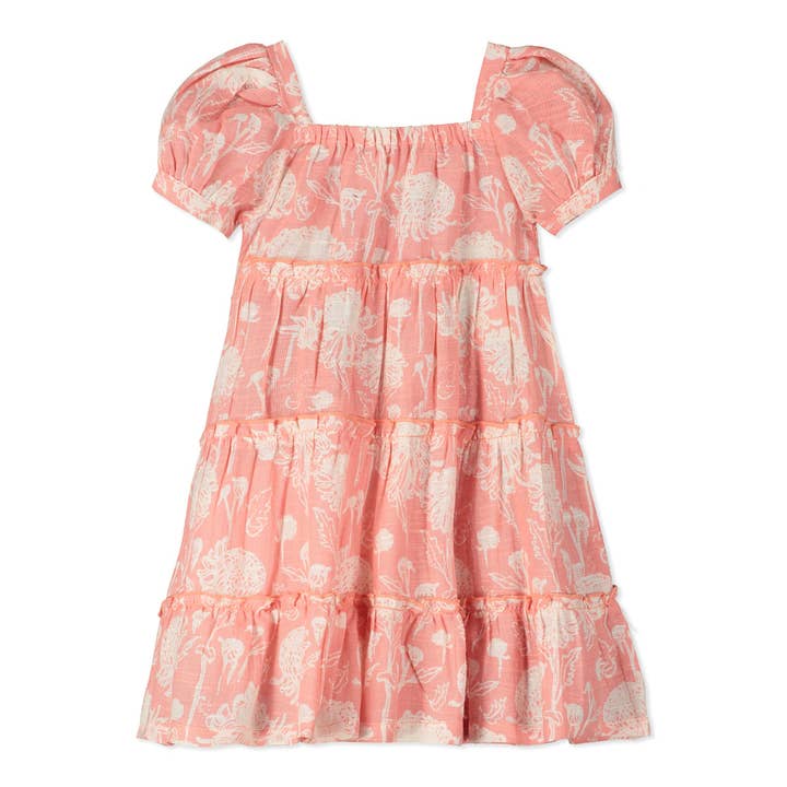 Robe d'été à volants à imprimé fleuri rose pour la vente par Poppet & Fox
