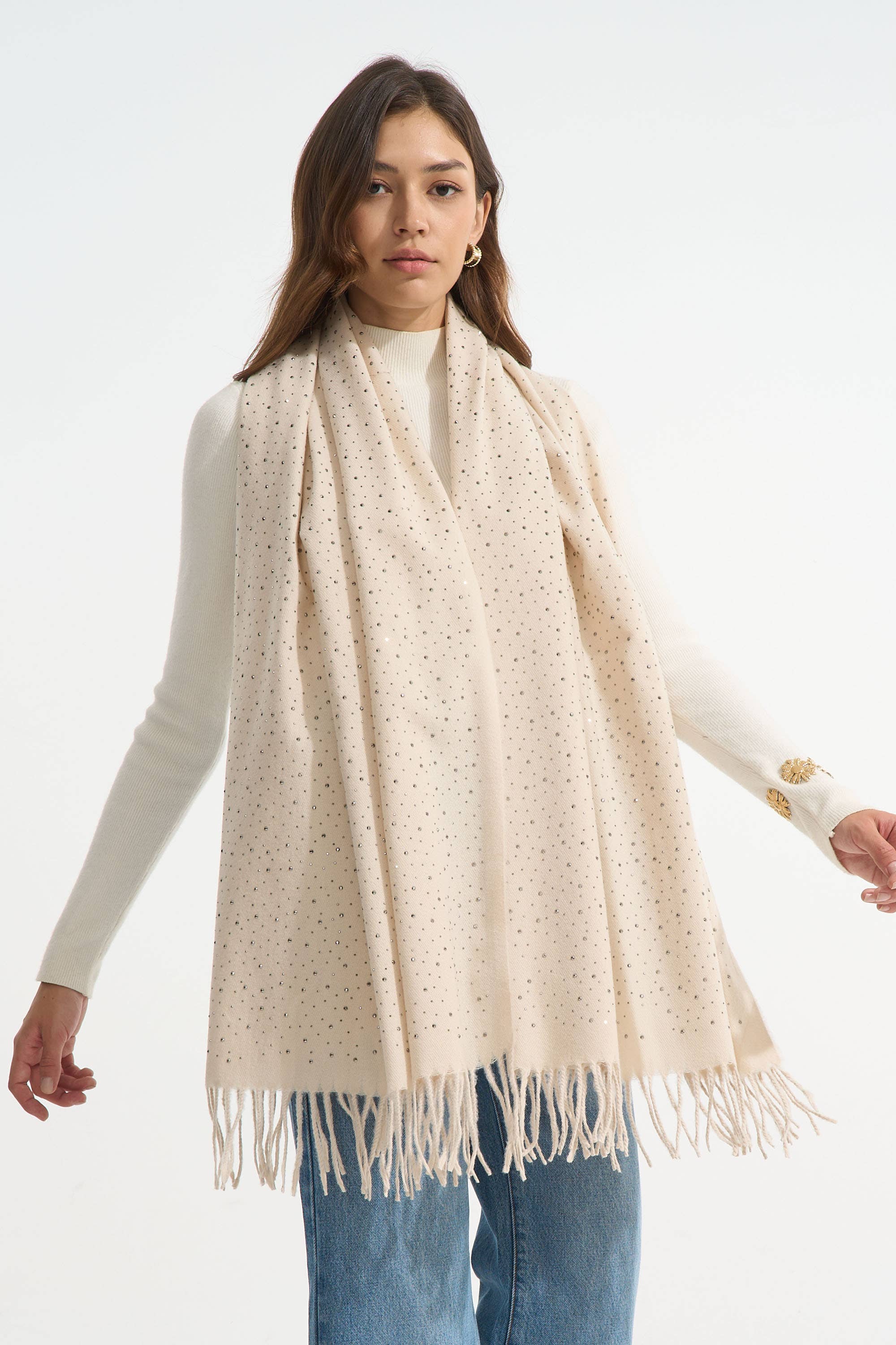 PHANIE MODE - Wholesale Scarf - Women's - E-09300 Scarf with rhinestones and fringes1