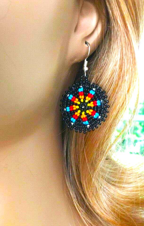 BEADS CORNER - Wholesale Dangle Earrings - Handmade Beaded Round Black Earrings with Flower Design | Lightweight and Comfortable1