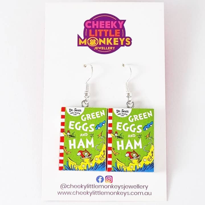 Cheeky Little Monkeys Jewellery – wholesale Hängande örhängen – Gröna ägg och skinka bokörhängen