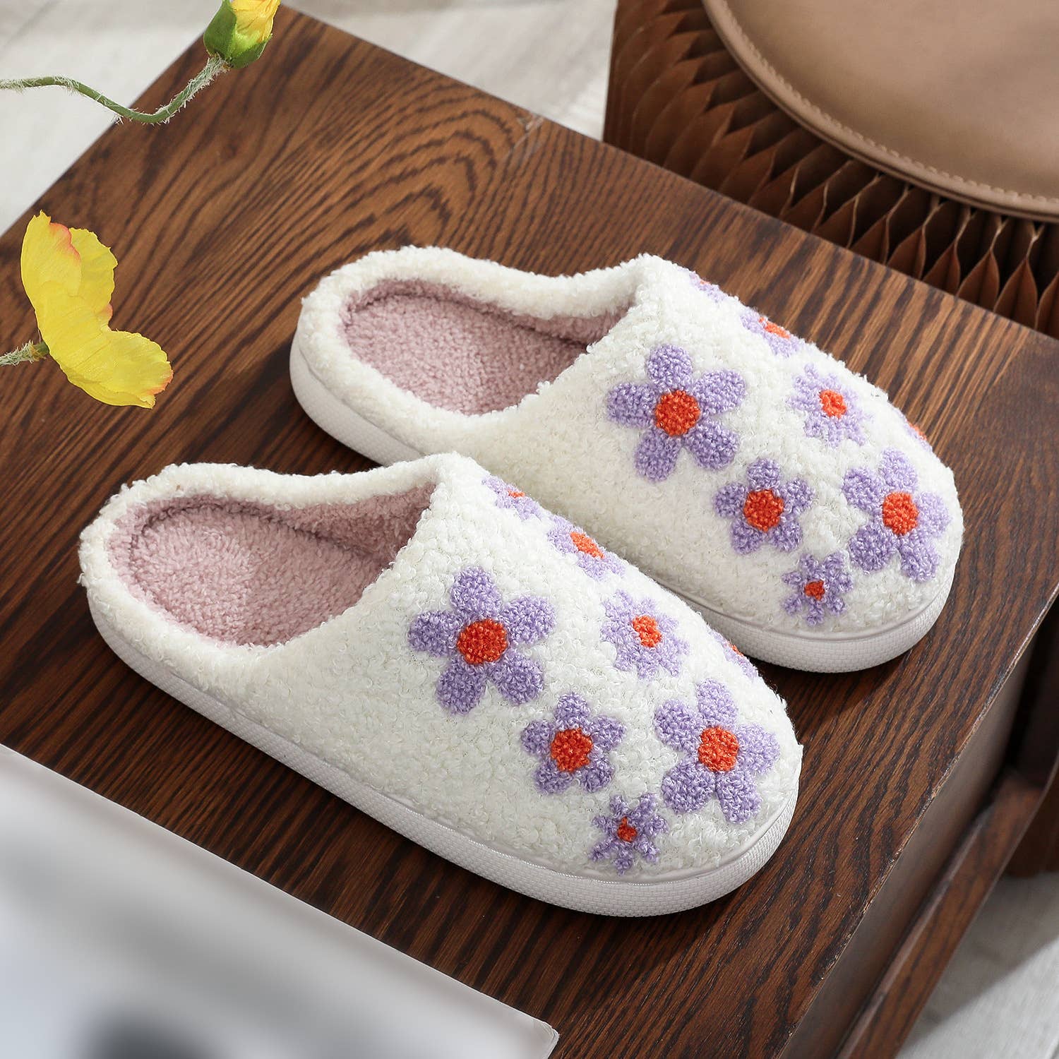 White  Lavender Lilacs Knit Plush Home Slippers  for wholesale on Faire1