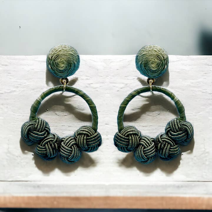 Narratives The Line - Wholesale Hoop Earrings - Cotton Woven Knot Small Hoop Earrings - Greens