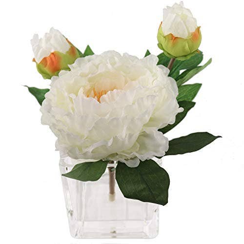 Glass Vase Cream Peony Arrangement- 4"X4" Faux for wholesale by Larksilk