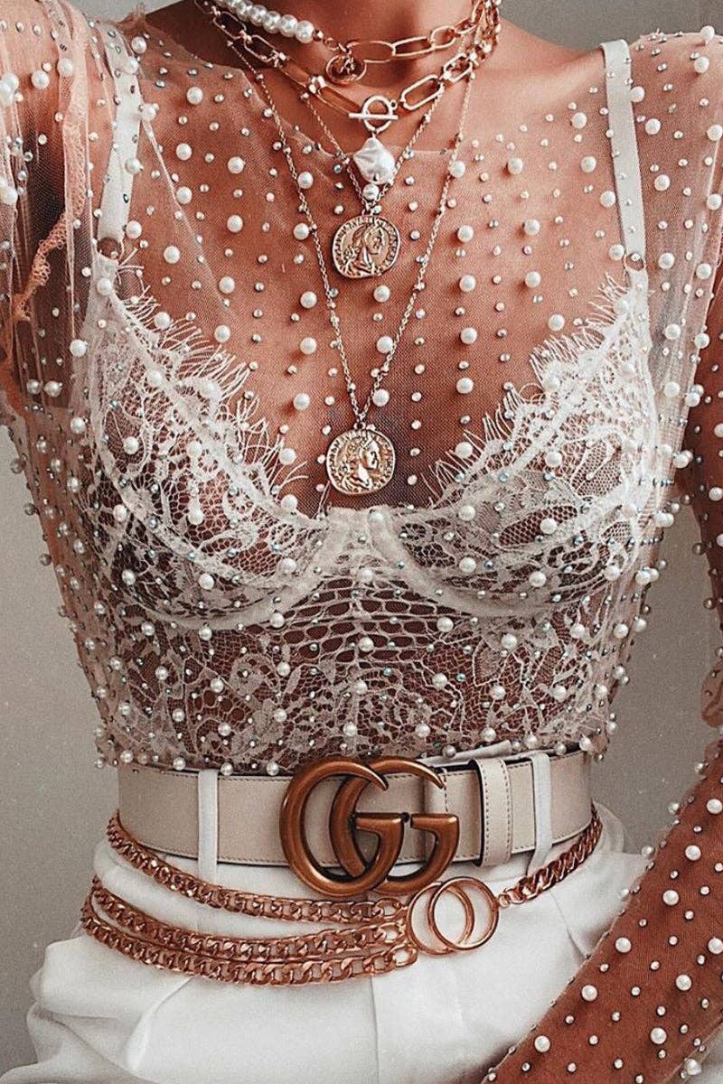 Mccolin - Vendita all'ingrosso Camicetta - Donna - Blusa Trasparente con Perle Decorate4