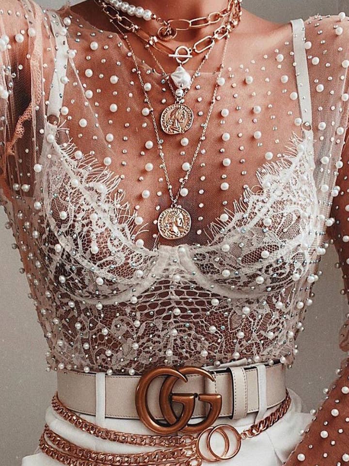 Mccolin - Wholesale Blouse - Women's - Pearl-Embellished Sheer Blouse1