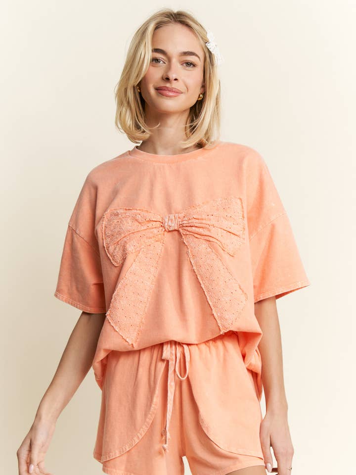 J.Her - Wholesale T-Shirt - Women's - MineralWash Ribbon bow half sleeve shirt HT6308