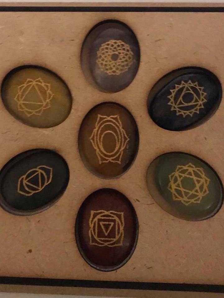 7 Stone Chakra Set Palm Stones Engraved Healing Stones Reiki for wholesale by jiomind