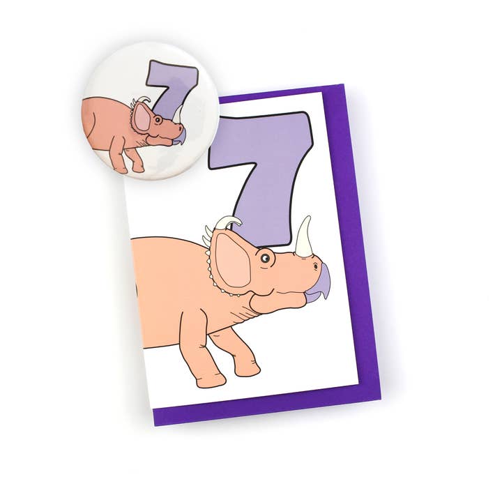 Number Seven Dinosaur Greeting Card and badge for wholesale by Dinosaurs Doing Stuff