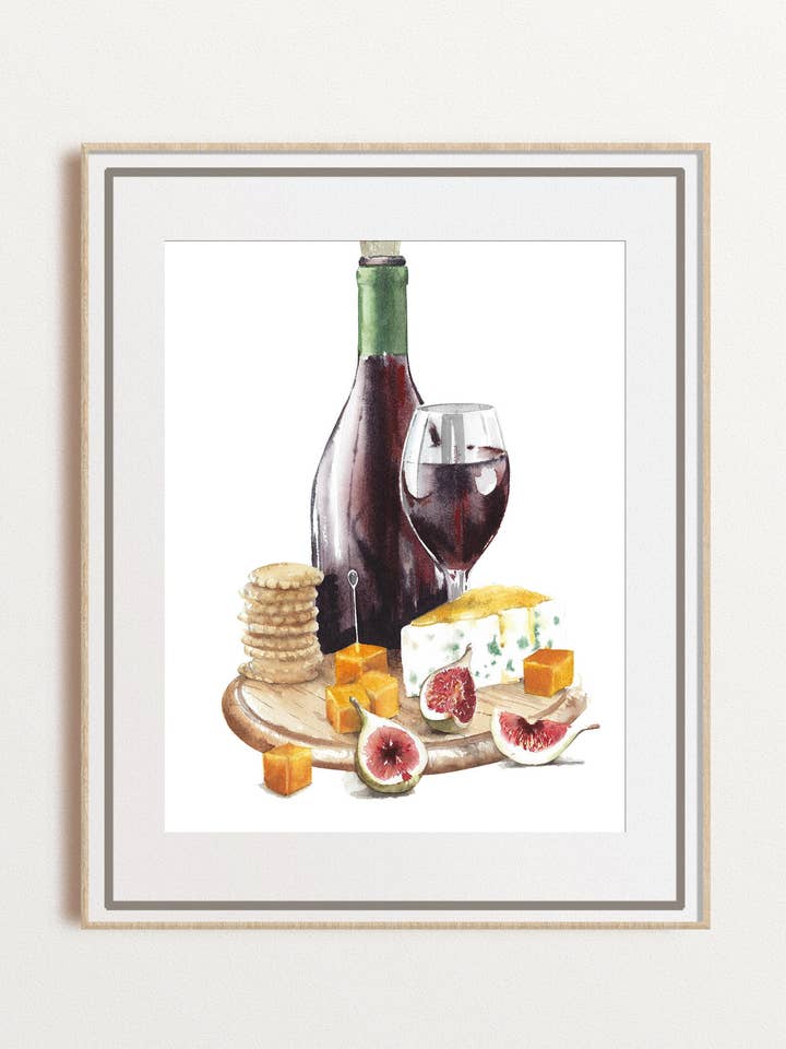 Cheese and Wine Watercolor Painting, Kitchen Wall Art for wholesale by Yuliasheart