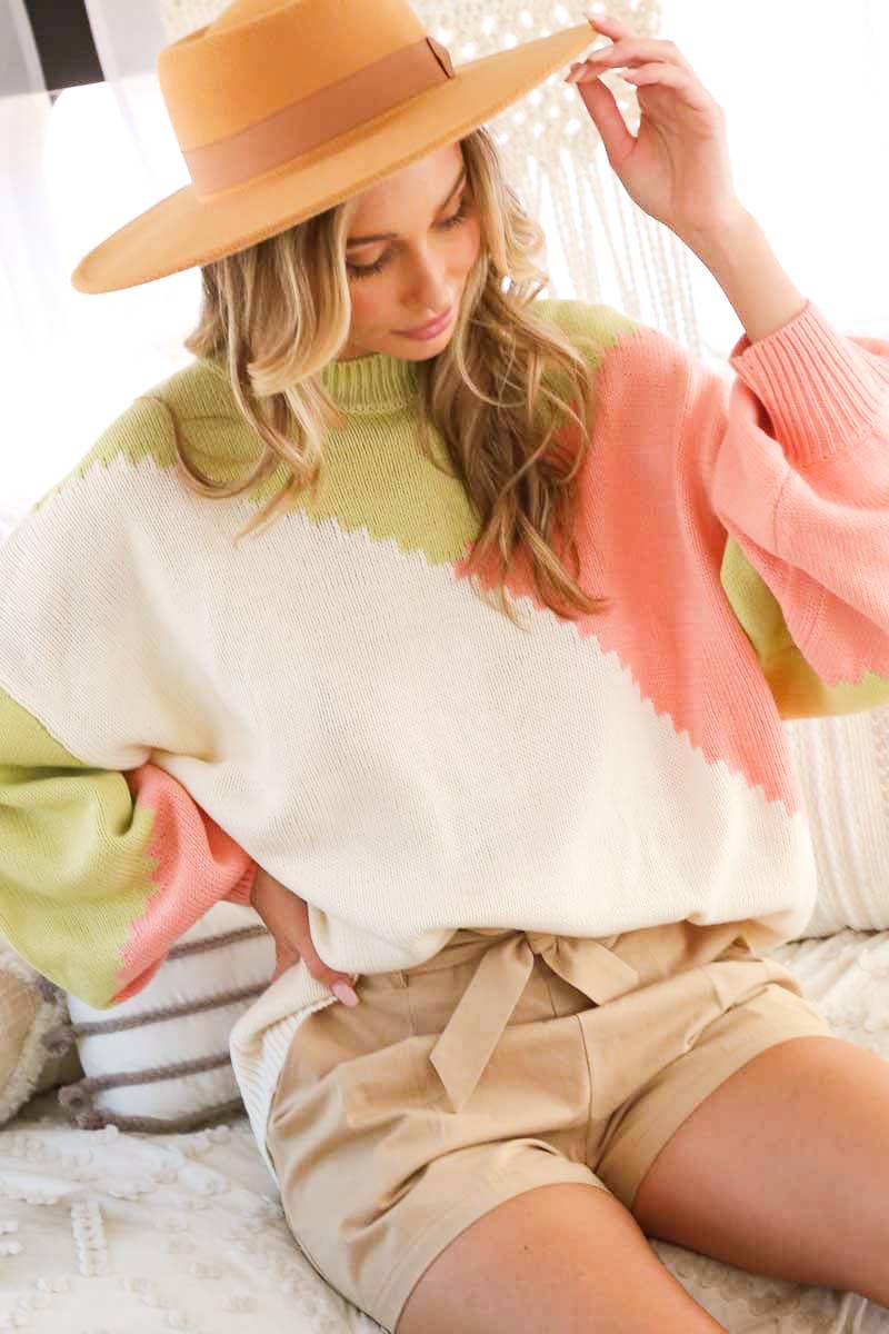 Vine & Love - Wholesale Knit Sweater - Women's - Color Block Round Neck Chunky Knitted Sweater Top VT8101725