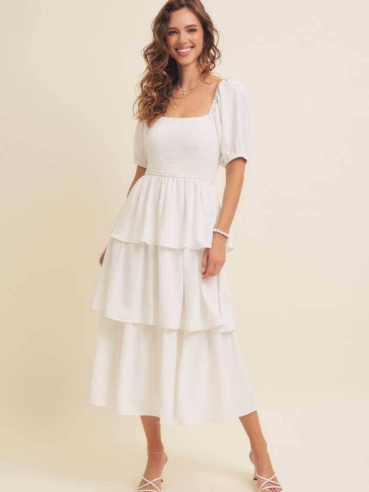 SQUARE NECK SMOCKED MIDI DRESS WITH TIERED RUFFLES for wholesale by in february