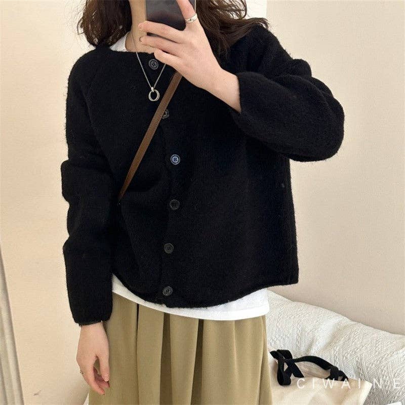 FurDecoration - Wholesale Cardigan - Women's - Loose Fit Round Neck Soft Knit Cardigan Sweater0