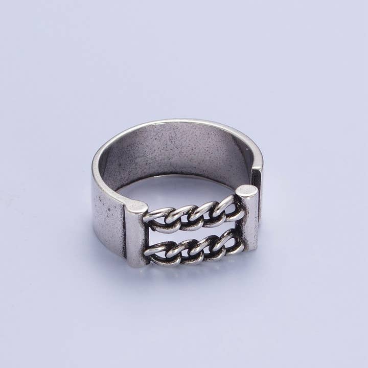 Antique Silver Double Curb Chain Link Open Wide Thick Silver Band | S-216 for wholesale by Aim Eternal