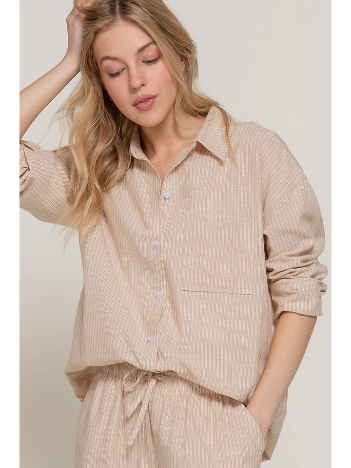 Active Basic | Active USA - Wholesale Button Down Shirt - Women's - Long Sleeve Button Down Y/D Stripe Gauze Shirt