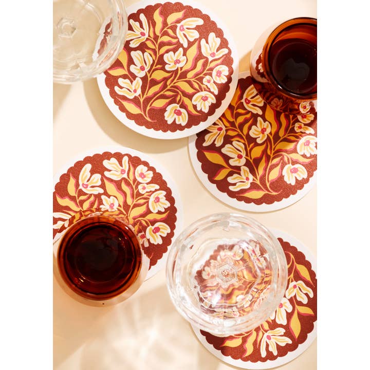 One & Only Paper - Wholesale Coasters - Pumpkin Spice Floral Scalloped Coasters | Set of Four2