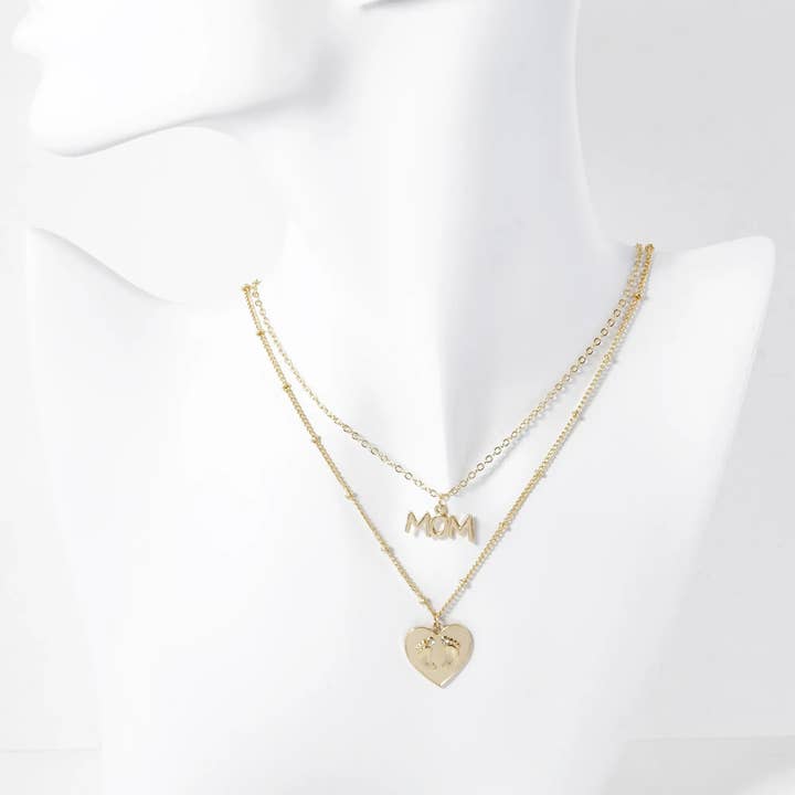 Gold 2-PC Set Mom Baby Footprint Heart Pendant Necklace for wholesale on Faire1