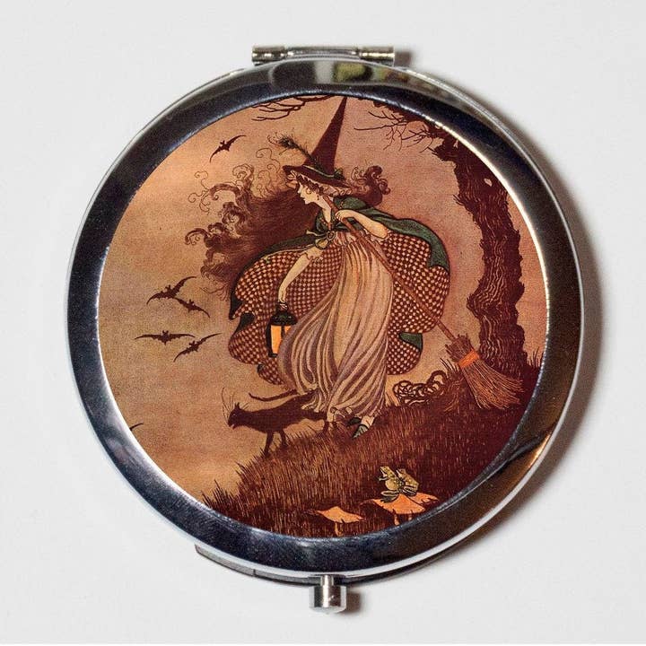 Storybook Witch Compact Mirror - Vintage Fairytale Fairy Tale Halloween Gnarly Tree - Make Up Pocket Mirror for Cosmetics for wholesale by FringePop